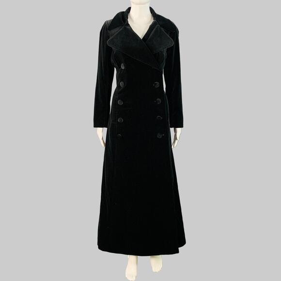 Size M Black Cotton Velvet Double Breasted Peak Lapel Trench Coat - Picture 1 of 7
